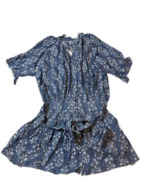 Juliet Dunn Blue Floral Block Print Blouson Dress Metallic Resort NWT